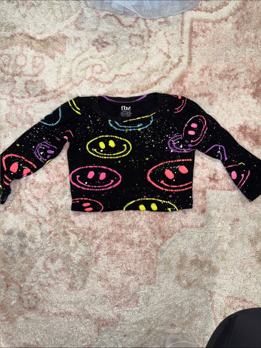Flowers by Zoe Black Cropped Long-Sleeve Top with Neon Smiley Faces